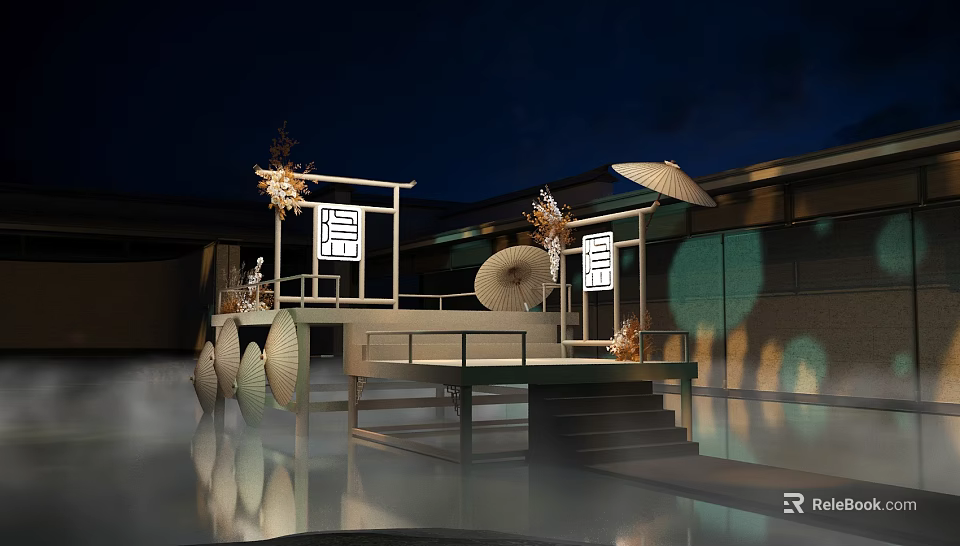 Elegant Japanese Stage Design Featuring Umbrella Decorations Wooden Structure And Night Lighting 3d model 