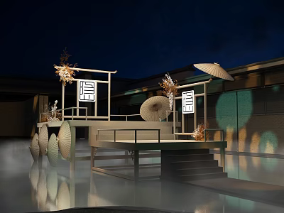 Elegant Japanese Stage Design Featuring Umbrella Decorations Wooden Structure And Night Lighting 3d model