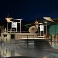 Elegant Japanese Stage Design Featuring Umbrella Decorations Wooden Structure And Night Lighting