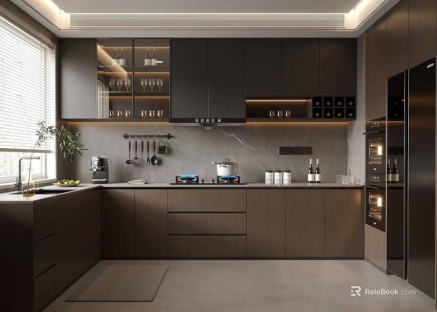 Modern Kitchen Interior Design With Dark Cabinets Marble Countertop And Appliances 3d model 