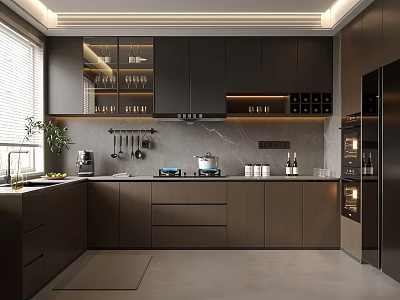 Modern Kitchen Interior Design With Dark Cabinets Marble Countertop And Appliances 3d model