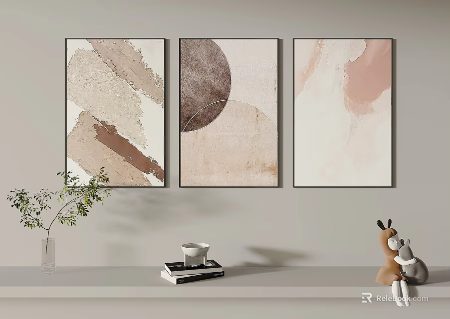Abstract Paintings Hanging On Wall With Vase Books Cup And Stuffed Toys 3d model 