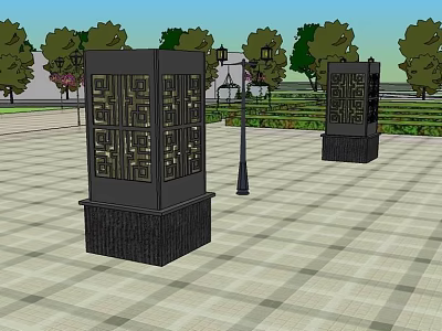 Park Landscape With Black Decorative Pillars Checkerboard Pavement Street Lamps And Trees 3d model
