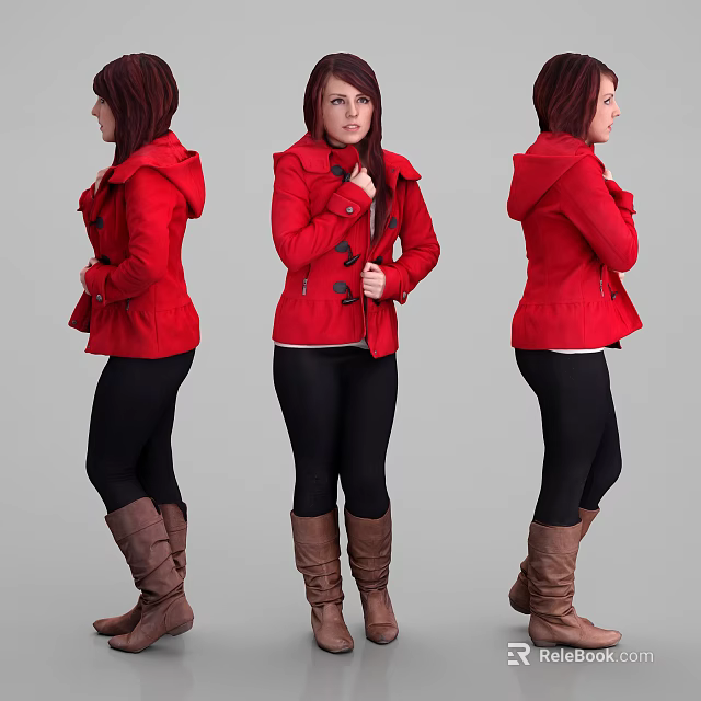 Woman Wearing Red Coat Black Leggings And Brown Boots In Different Angles 3d model 