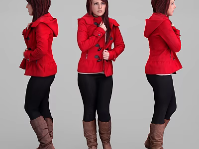 Woman Wearing Red Coat Black Leggings And Brown Boots In Different Angles 3d model