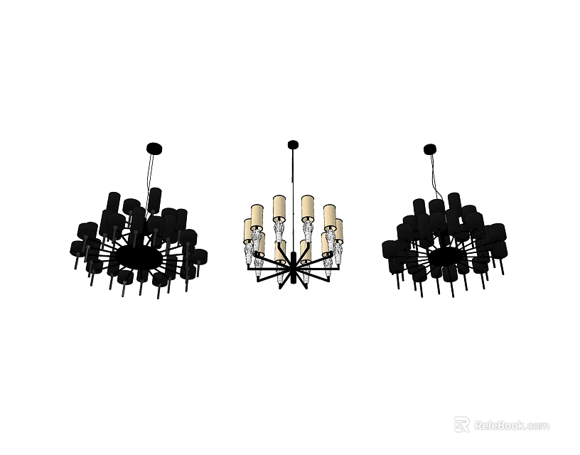 Three Modern Chandeliers With Black Gold Frames And Multiple Lights Contemporary Design 3d model