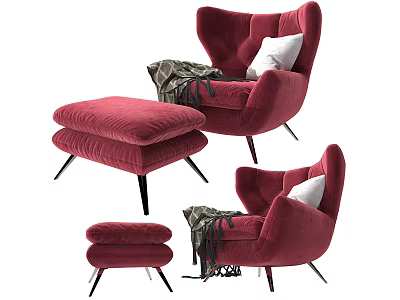 Elegant Red Velvet Ottoman Set Featuring Black Legs White Pillow And Blanket 3d model