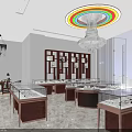 Modern Jewelry Store Interior With Glass Display Cases Wooden Shelves And Colorful Circular Chandelier