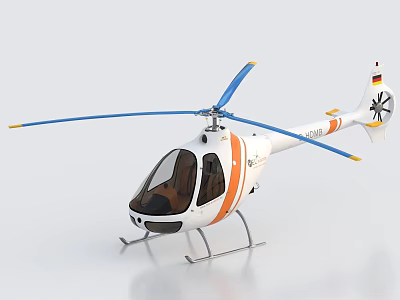 White And Orange Helicopter With Blue Rotors Clear Cockpit And Landing Gear 3d model