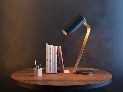 Stylish Desk Lamp With Wooden Arm Black Shade On Wooden Table With Books Pencil Holder 3d model