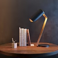 Stylish Desk Lamp With Wooden Arm Black Shade On Wooden Table With Books Pencil Holder