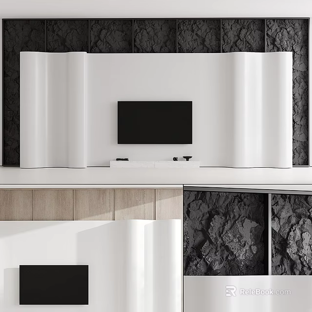 Modern White Wavy Accent Wall Design With TV And Textured Background 3d model