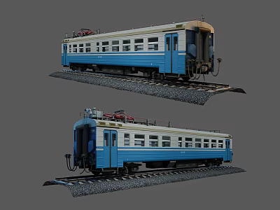 Blue And White Vintage Electric Train On Railway Track With Gravel And Windows 3d model