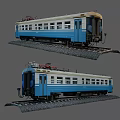 Blue And White Vintage Electric Train On Railway Track With Gravel And Windows