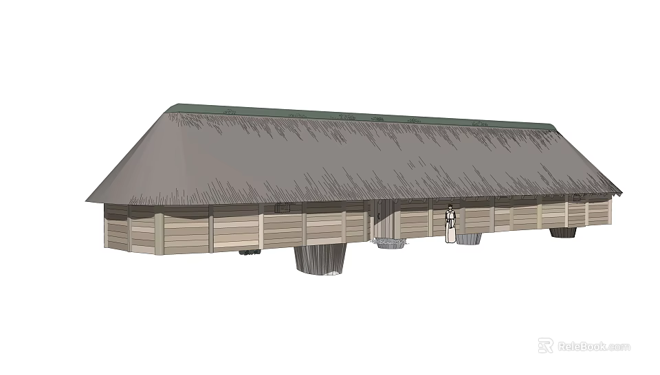 Traditional Rustic Long Building Featuring Thatched Roof and Wooden Wall Panels 3d model 