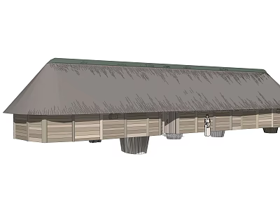 Traditional Rustic Long Building Featuring Thatched Roof and Wooden Wall Panels 3d model