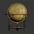 Antique Yellow Globe With Detailed Map On Decorative Wooden Stand And Carved Columns