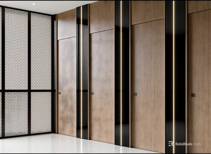 Modern Hotel Corridor With Wooden Doors Black Lines Lattice Glass Panels And White Floor 3d model 