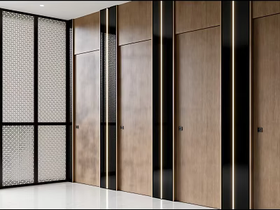 Modern Hotel Corridor With Wooden Doors Black Lines Lattice Glass Panels And White Floor 3d model