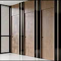 Modern Hotel Corridor With Wooden Doors Black Lines Lattice Glass Panels And White Floor