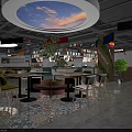 Vibrant Restaurant Interior With Colorful Ceiling Signs Yellow Chairs And Patterned Floor