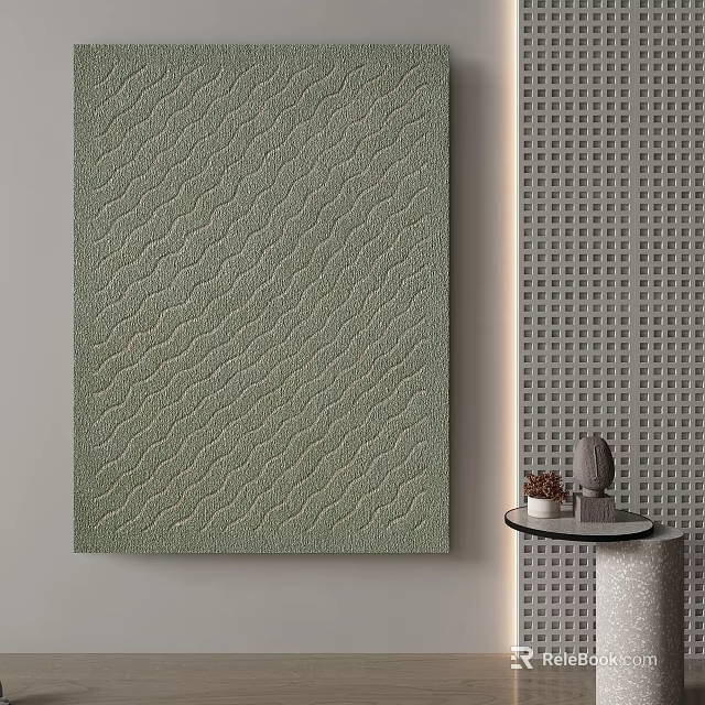 Green Textured Wall With Gray Grid Pattern And Small Side Table With Decorative Items 3d model