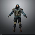 3D Tactical Character Wearing Hooded Camouflage Sweatshirt Brown Vest Face Mask Knee Pads And Boots