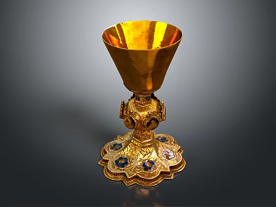 Elegant Golden Wine Bottle And Glass Set With Ornate Base And Gemstone Accents For Luxury 3d model