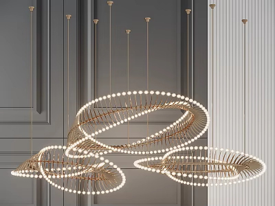 Modern Golden Multiple Circular Ring Shaped Chandelier With Hanging Bulbs Design 3d model