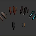 Collection Of Character And Creature Models With Brown Black And Blue Glowing Patterns