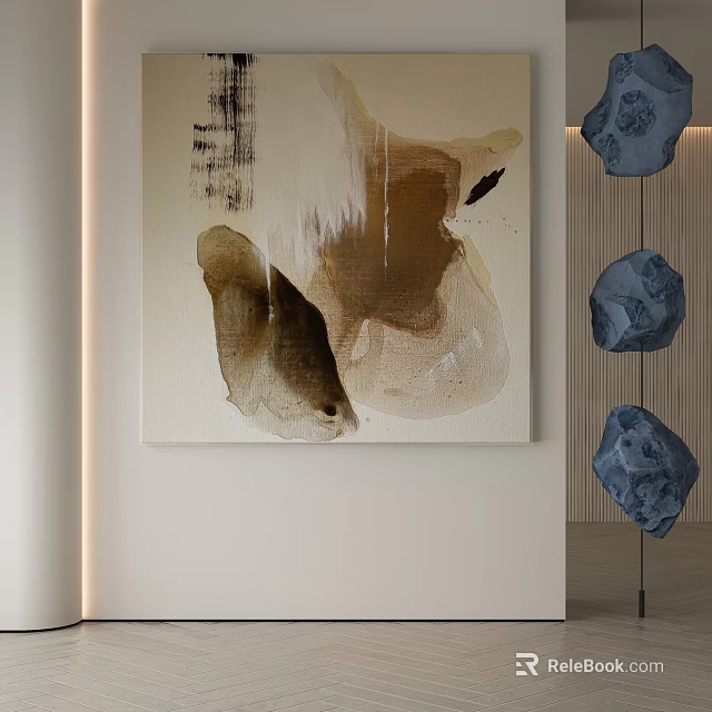 Abstract Painting with Brown Beige White Brushstrokes in Modern Interior with Hanging Blue Stone Decor on Light Wall 3d model 