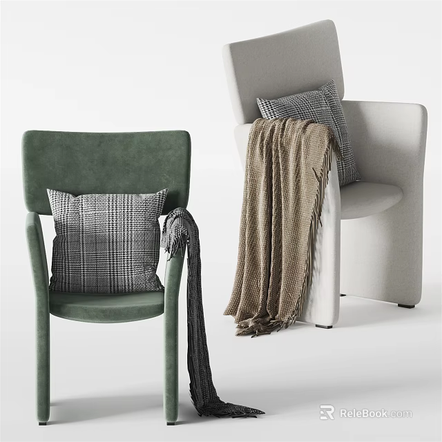 Green And White Leisure Chairs With Plaid Pillows And Cozy Blankets In Modern Interior 3d model 