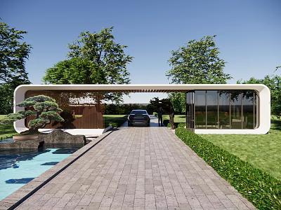 Modern Entrance Gate With Brick Driveway Trees Lawn And Pool Landscape 3d model