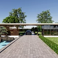 Modern Entrance Gate With Brick Driveway Trees Lawn And Pool Landscape