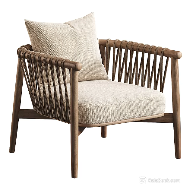 Modern Accent Chair With Wooden Frame Woven Armrest And Beige Cushion 3d model 