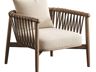 Modern Accent Chair With Wooden Frame Woven Armrest And Beige Cushion 3d model