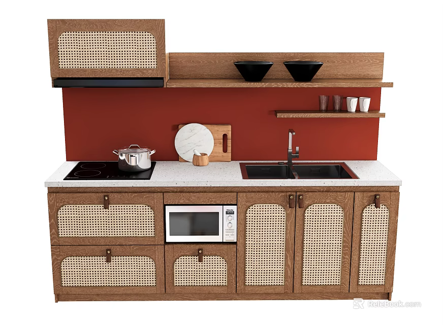 Brown Wicker Kitchen Cabinets With Red Backsplash Countertop Microwave And Sink 3d model