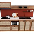 Brown Wicker Kitchen Cabinets With Red Backsplash Countertop Microwave And Sink 3d model