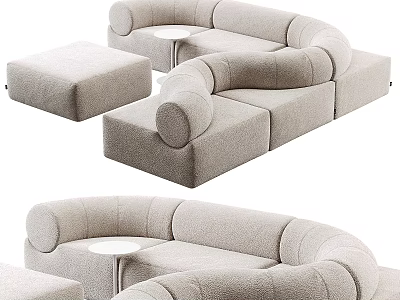 Modern Curved Sectional Sofa Set With Ottoman And Small Round Table In Light Fabric 3d model