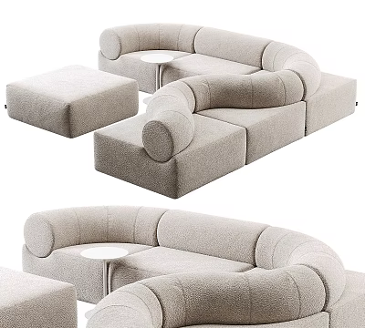 Modern Curved Sectional Sofa Set With Ottoman And Small Round Table In Light Fabric 3d model