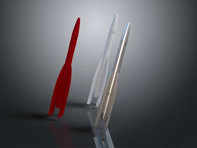 Three Different Colored Rocket Weapons Red White Silver On Gray Background With Reflections 3d model
