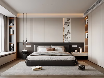 Modern Minimalist Bedroom Interior With Platform Bed Nightstands Wardrobes And Decorative Wall Art 3d model