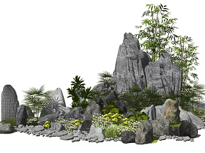Garden Ornament With Rock Formations Bamboo Plants Green Ferns Yellow Flowers And Small Stones 3d model