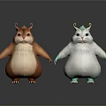 Chubby Cartoon Creatures With Horns And Fluffy Bellies Standing On Gray Background With Floor Reflections