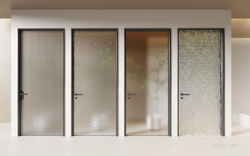Modern Interior Swing Doors With Various Glass Types And Black Frames 3d model