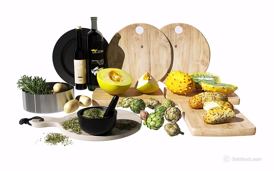 Fresh Organic Fruits Including Sliced Melon Kiwano Herbs On Wooden Cutting Boards 3d model 