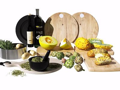 Fresh Organic Fruits Including Sliced Melon Kiwano Herbs On Wooden Cutting Boards 3d model
