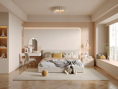 Modern Neutral Tones Bedroom Interior With Soft Bed Pillows Dressing Table And Wooden Herringbone Floor 3d model