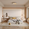 Modern Neutral Tones Bedroom Interior With Soft Bed Pillows Dressing Table And Wooden Herringbone Floor