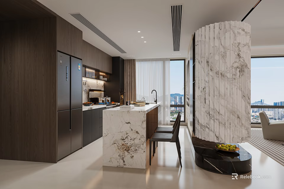 Modern Kitchen Interior With Dark Cabinets Marble Island And Windows View 3d model